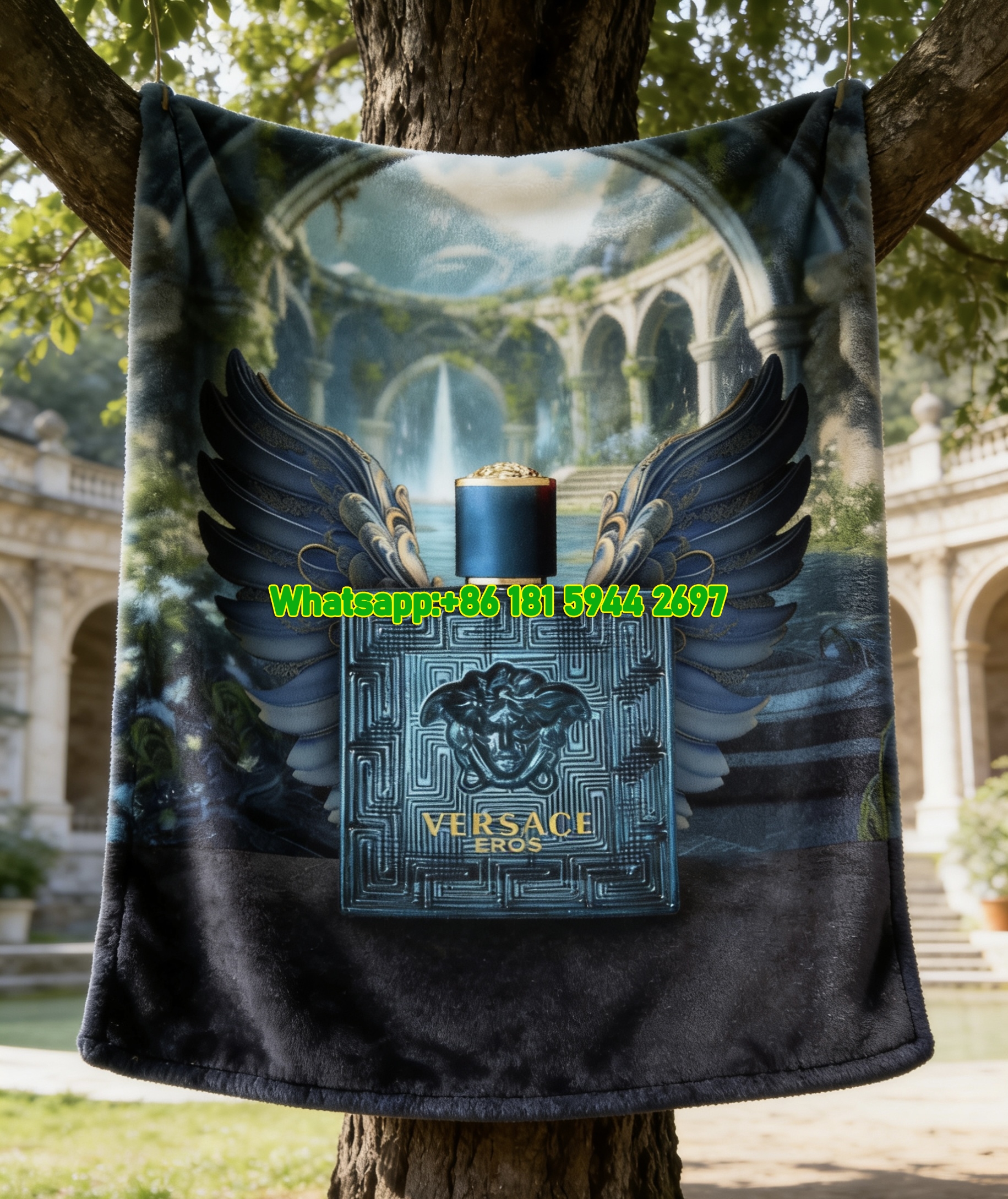 Versace Eros Winged Medusa Perfume Print Flannel Throw Blanket Luxury Teal and Gold Sofa Cover Blanket IMG_1546